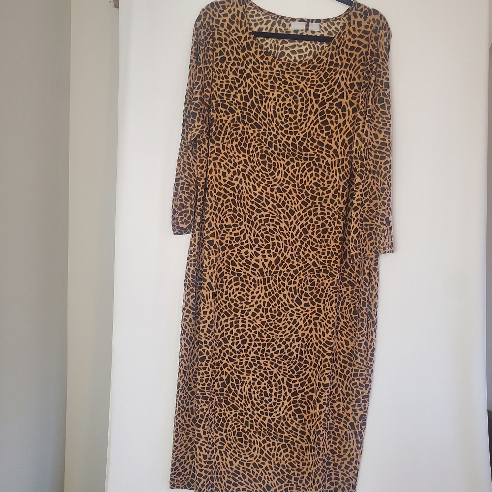 CHICO'S  Size 3 Animal print boat neck L/Sl chic drapy long dress